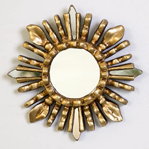 Artisan Small Round Wall Mirror 6in - Peruvian Accent Wood Gold Leaf Sunburst Mirror for Wall Decor (Gold)