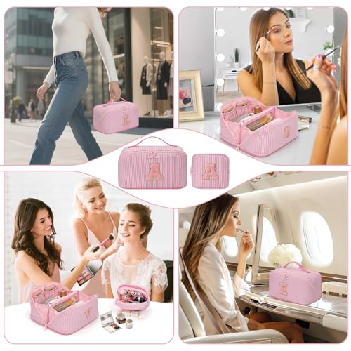Travel Makeup Bag for Women, 2Pcs Portable Personalized Initial Makeup Organizer Bag, Open Flat Large Cosmetic Bag With Travel Essential Pouch (Pink Letter A)