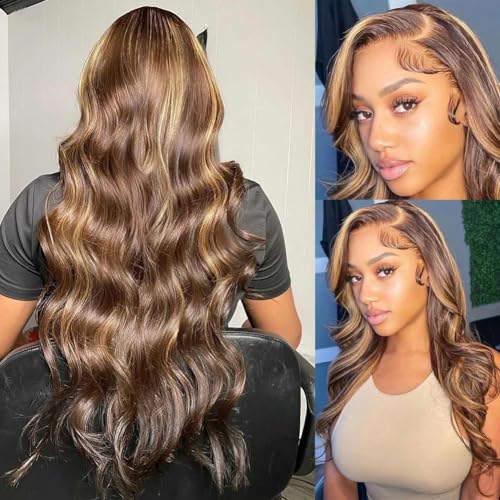 Durya Honey Blonde Ombre Lace Front Wig Human Hair Highlight Body Wave Lace Front Wigs Human Hair Pre Plucked Glueless 5x5 HD Lace Closure Wig for Women 4/27 Colored 250 Density 28 Inch