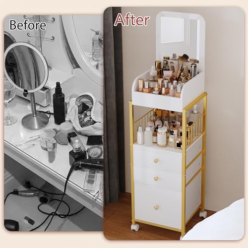 Makeup Cart Organizer with Mirror, Large Floor Skincare Organizers Make Up Organizers-Vanity Storage Organizer Cosmetic Display Cases Holder for Skin Care Perfume Nail Polish Brush Hair Tool (Gold)