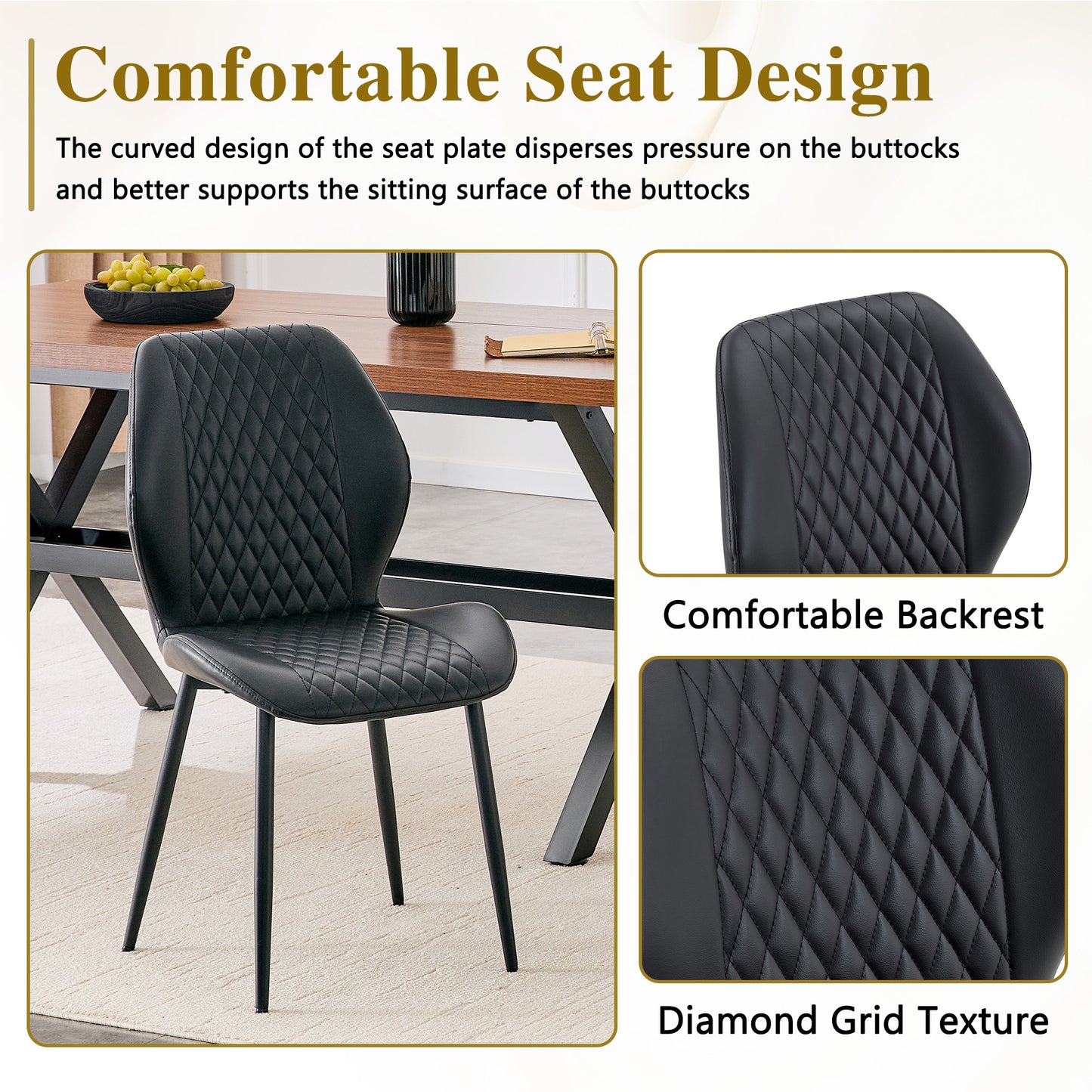 Set Of 4 Modern Light Luxury Black Diamond-quilted PU Chairs With
