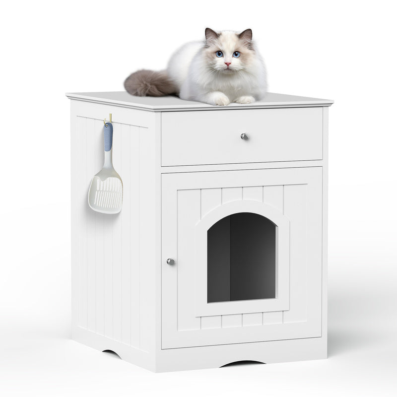 White Wooden Cat Litter Box Enclosure with Drawer & Side Table – Indoor Pet Nightstand