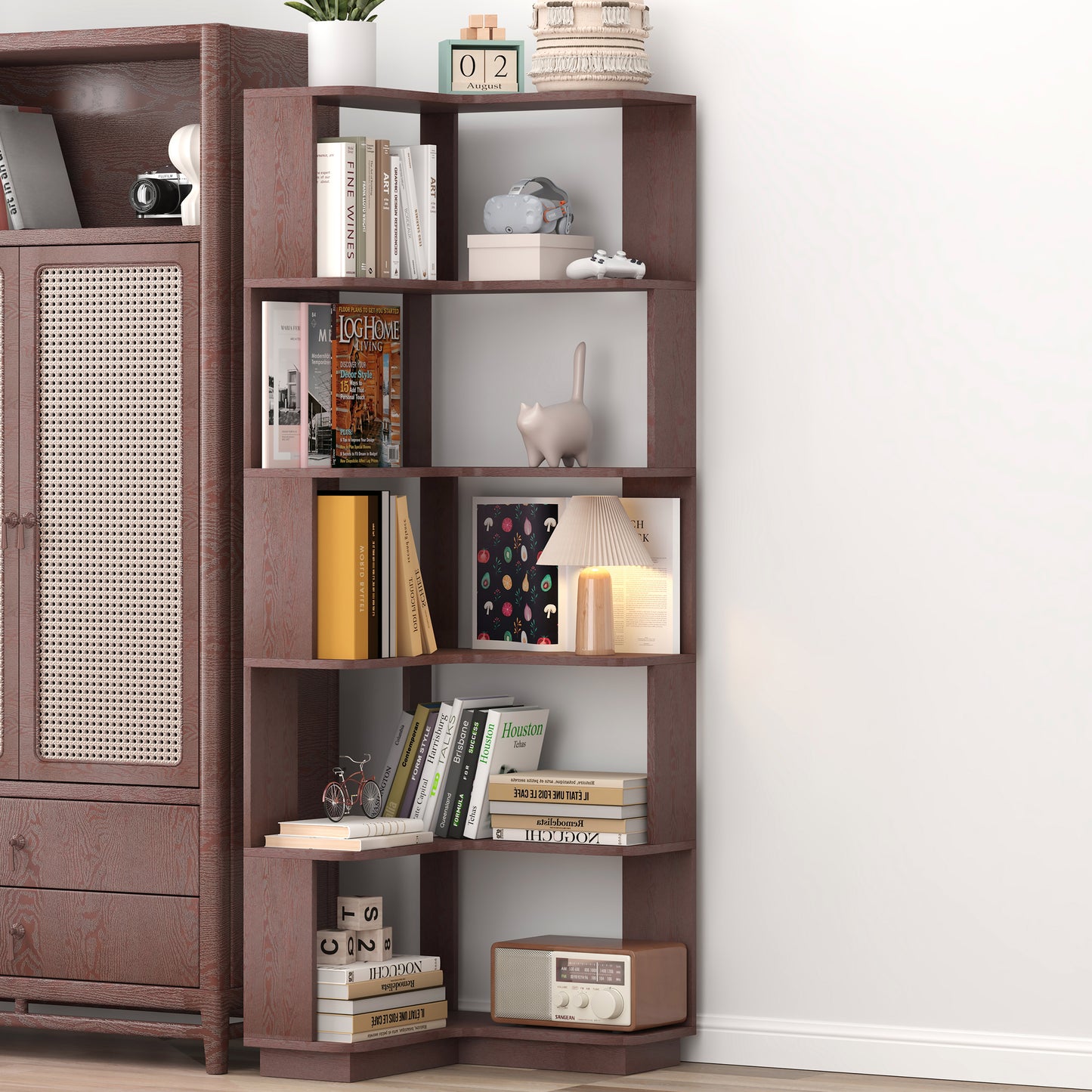 6 Tier Freestanding L-Shaped Corner Bookshelf For Living Room,