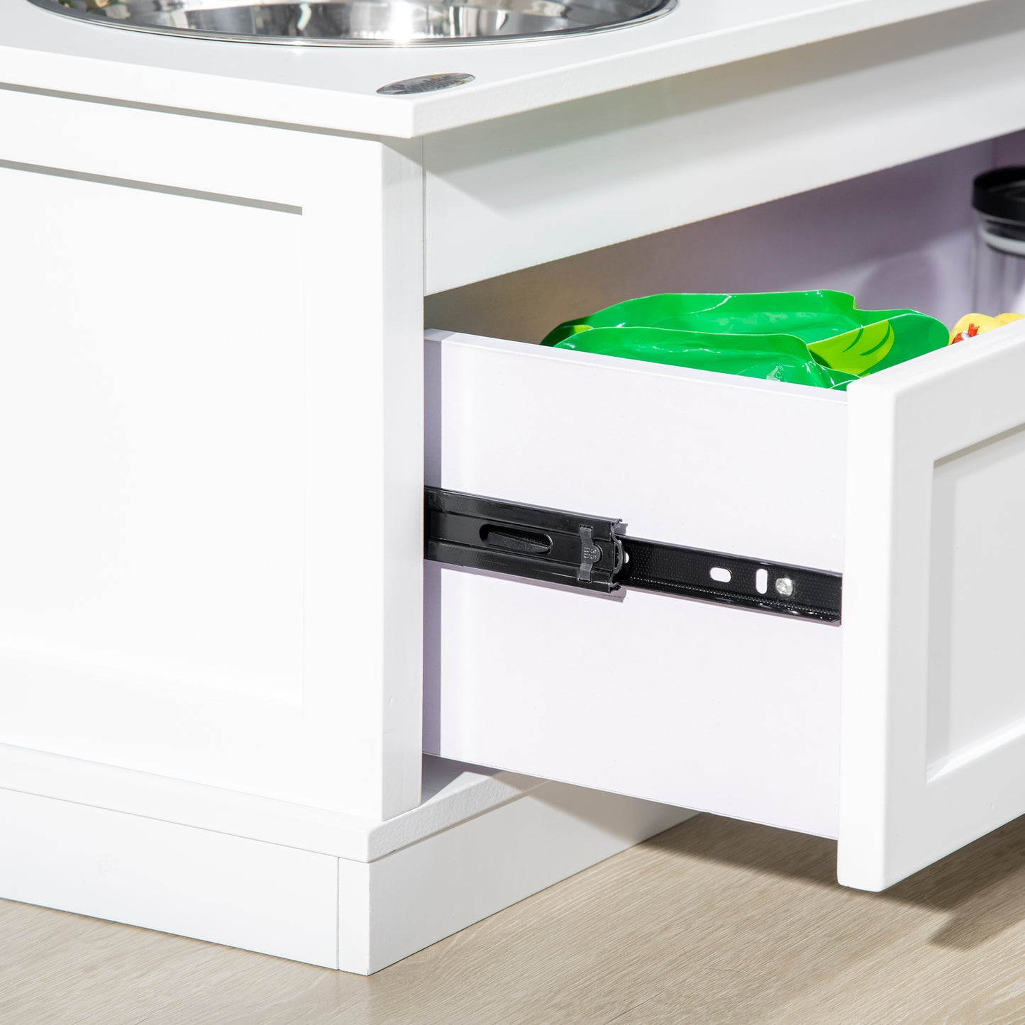 Elevated Dog Bowl Stand with Storage Drawer - Large Stainless Steel Food & Water Bowls, White