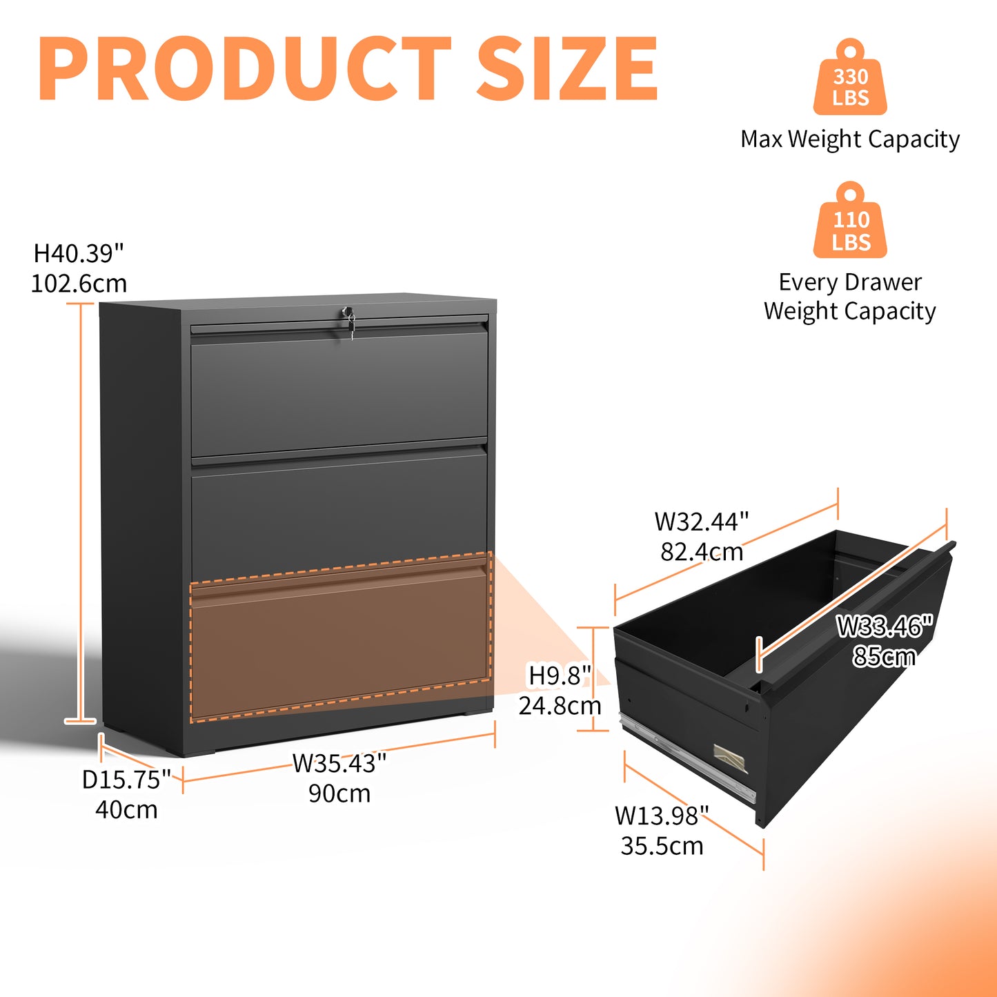 Lateral File Cabinet 3 Drawer, Black Filing With Lock, Lockable For