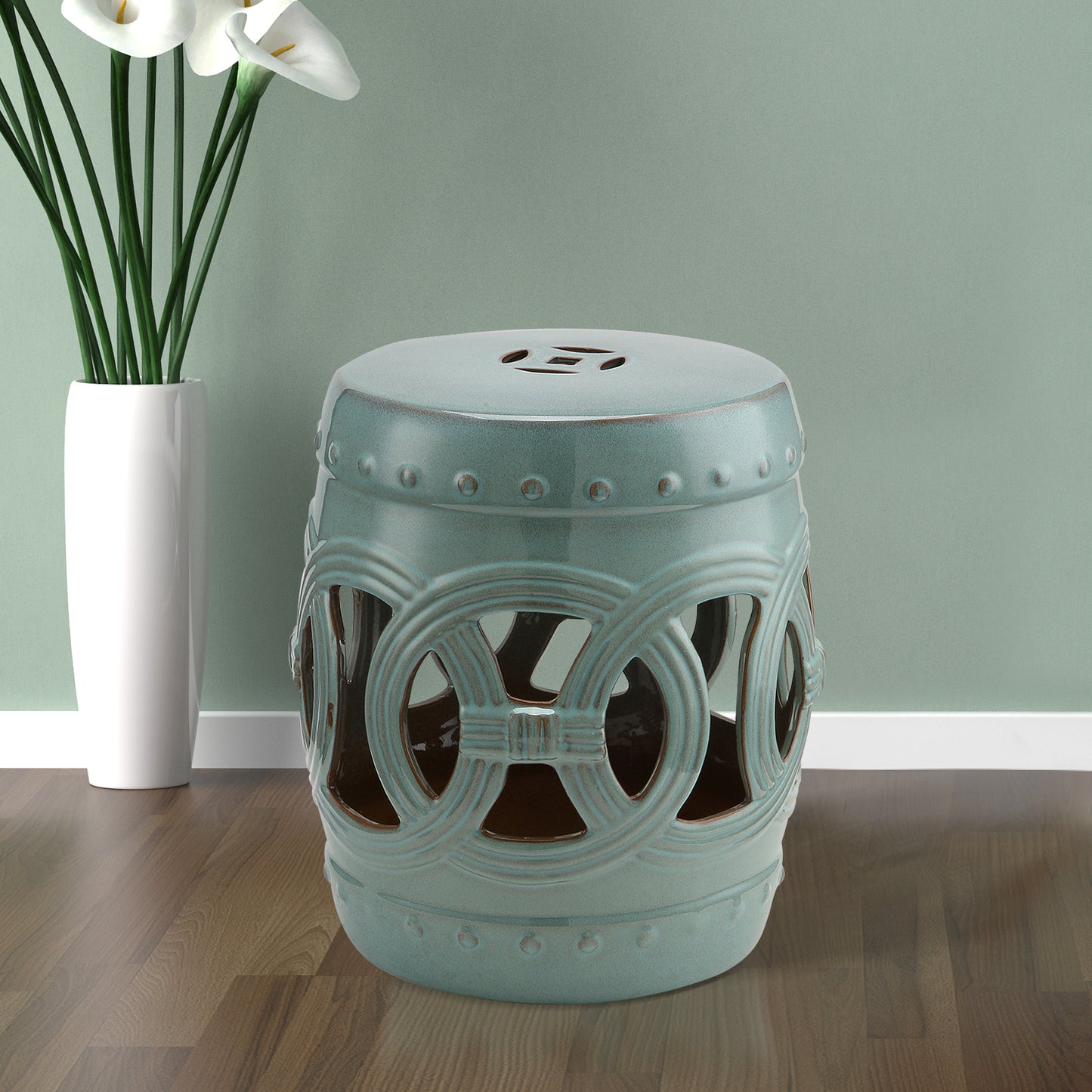 Ceramic Garden Stool - Double-Coin Knotted Design, Antique Blue