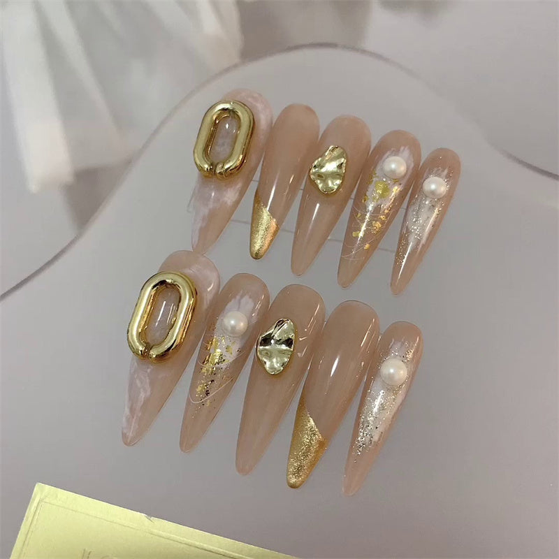 Rich Girl Nail Art Kits - Milk Tea Long False Nails with Glue & Tools