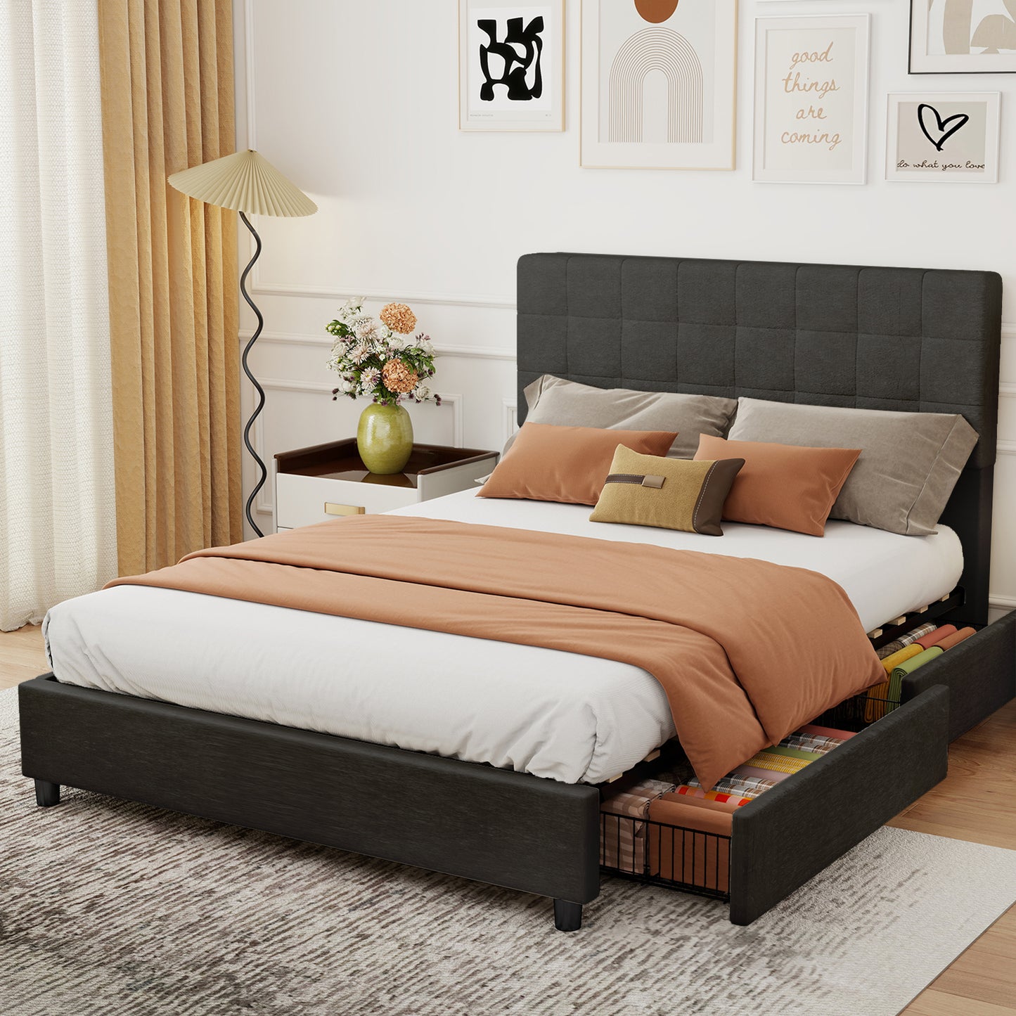 Full Bed Frame Upholstered Vertical Channel Headboard With 4 Storage