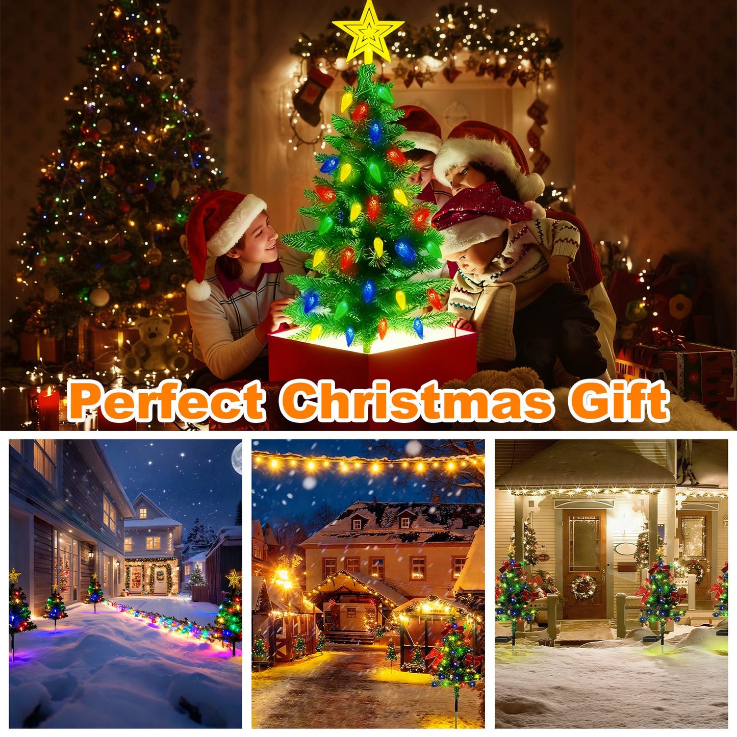 Solar Christmas Tree Lights - 37.4in Height, 100 LEDs, 8 Modes, 2 Pack