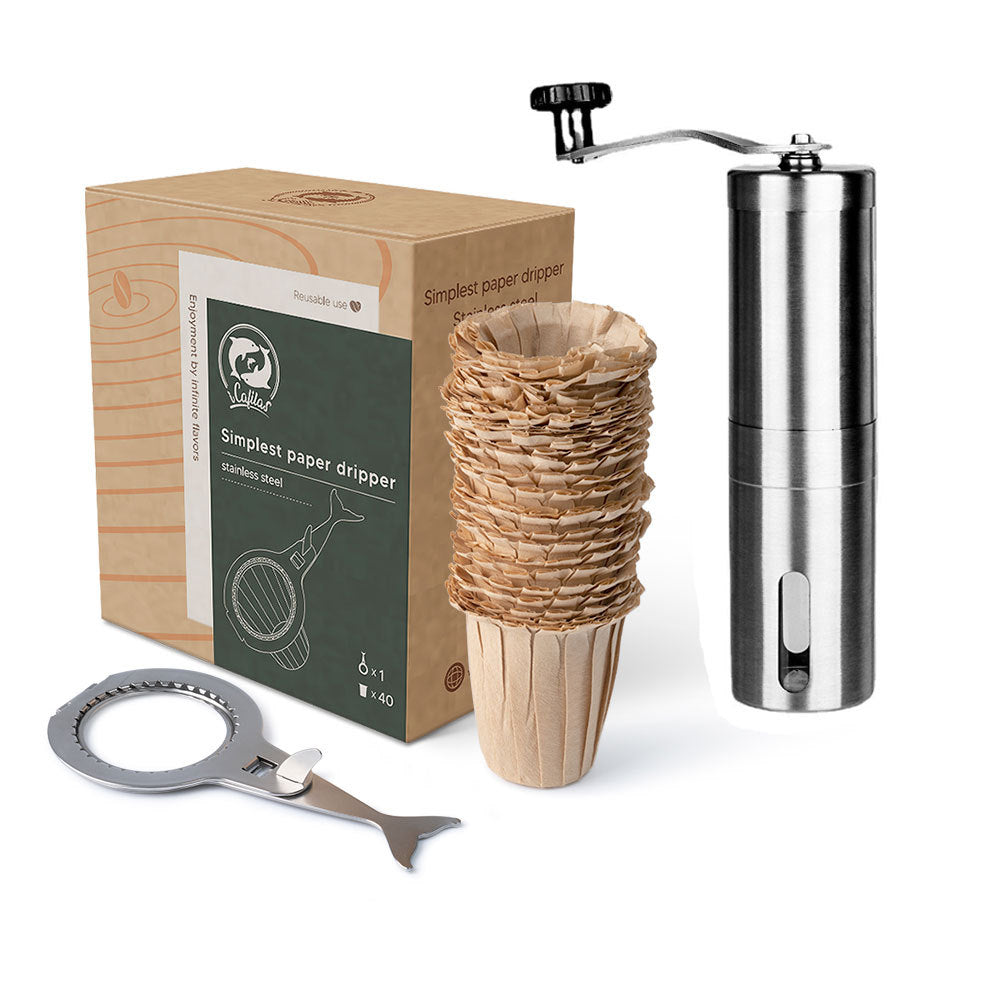 Stainless Steel Coffee Drip Holder Set with Filter Paper and Grinder
