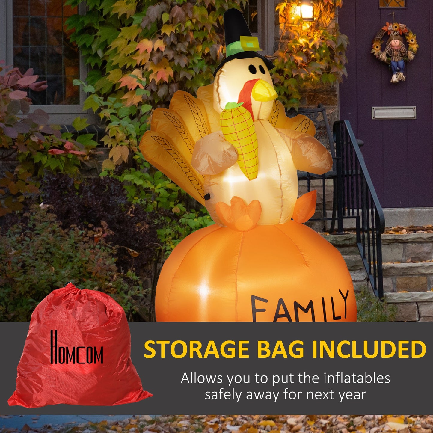 Inflatable Thanksgiving Turkey with LED Lights - 4.9ft Outdoor Display