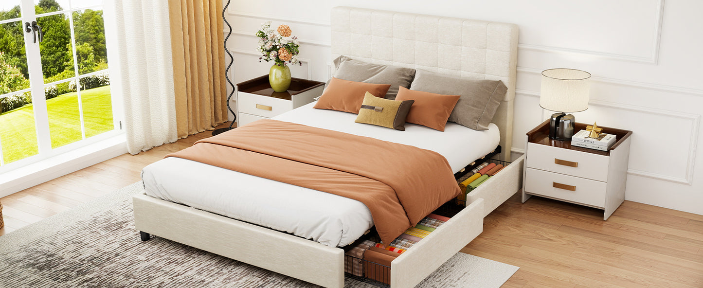 Bed Frame Upholstered Vertical Channel Headboard With 4 Storage