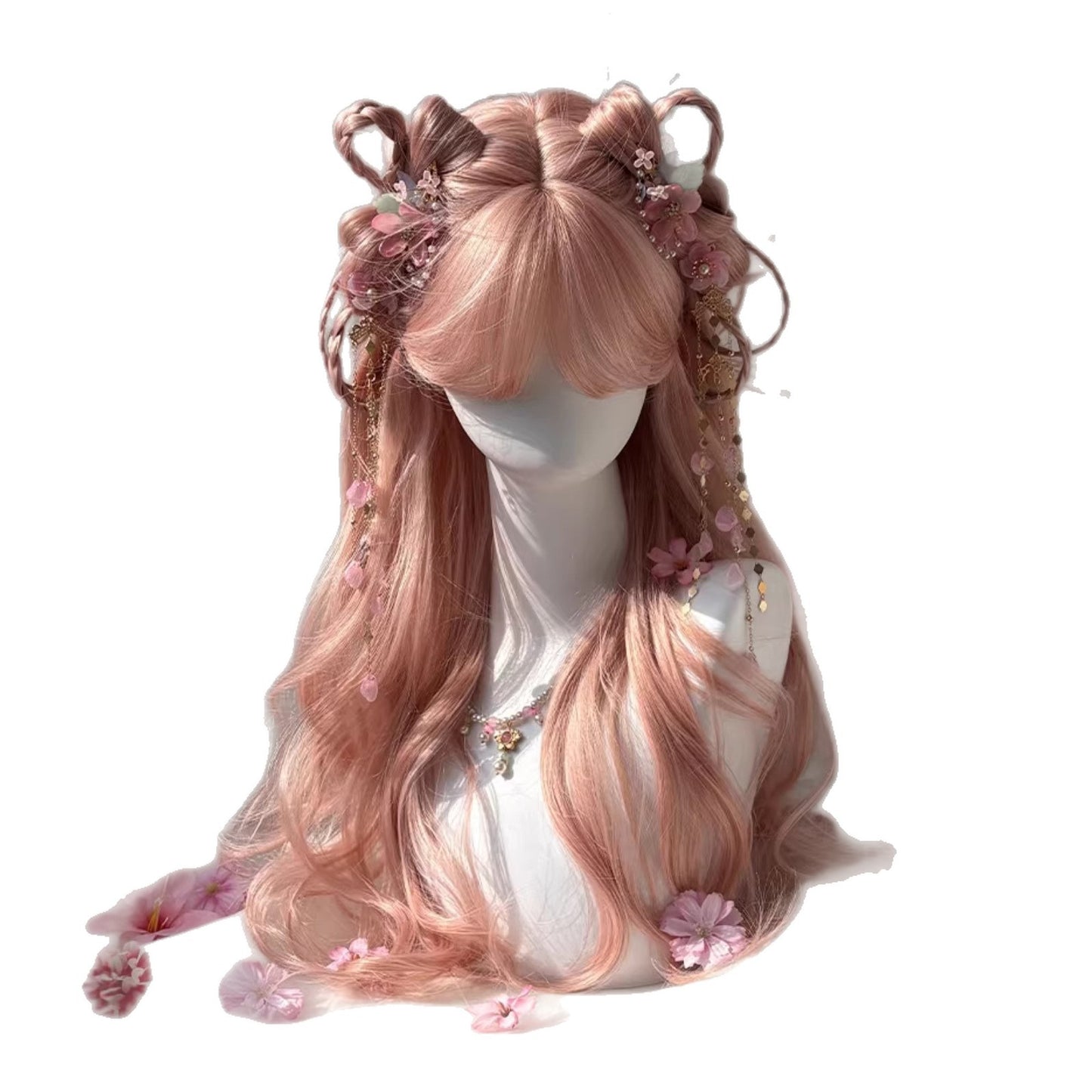 Women's Pink Gold Long Wavy Curly Wig with Wispy Bangs and Big Waves