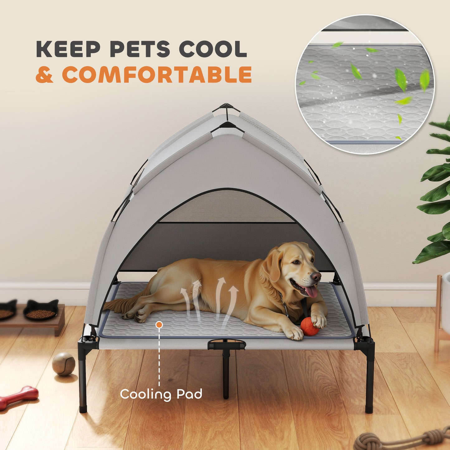 Elevated Dog Bed with Canopy & Cooling Pad - Portable Grey Cot