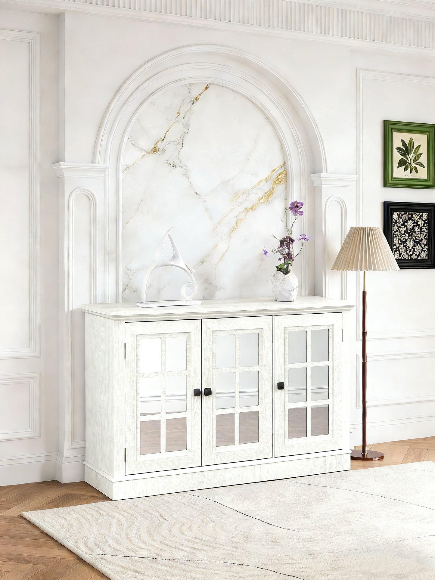 45 Wide Storage Cabinet With 3 Mirrored Acrylic Doors, Sideboard