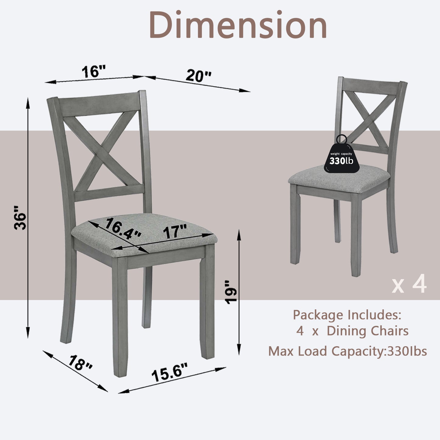 Wooden Dining Chairs Set of 4 - Upholstered Gray Kitchen Chairs