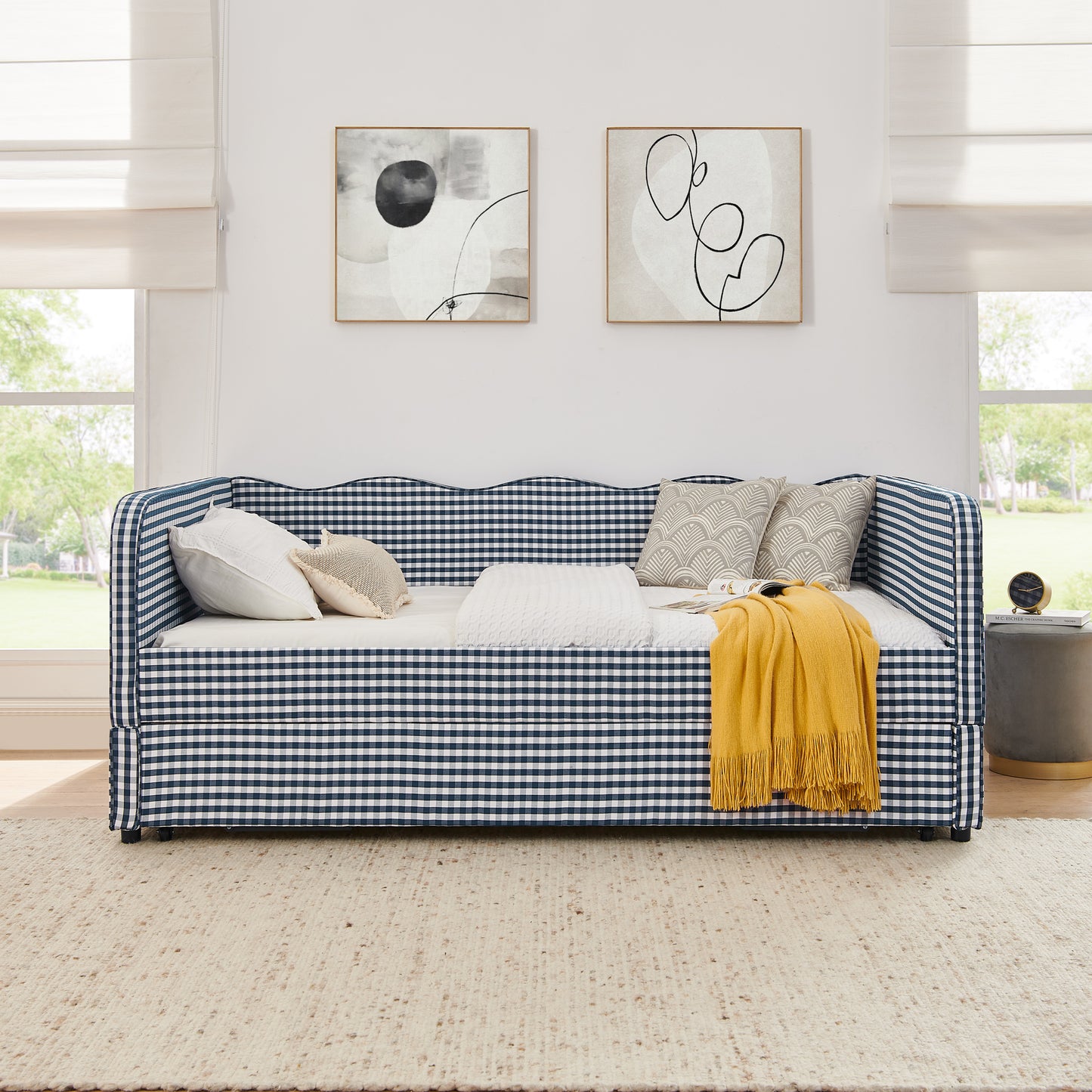 Full-Size Gingham Upholstered Daybed with Trundle & Storage - Dark Blue