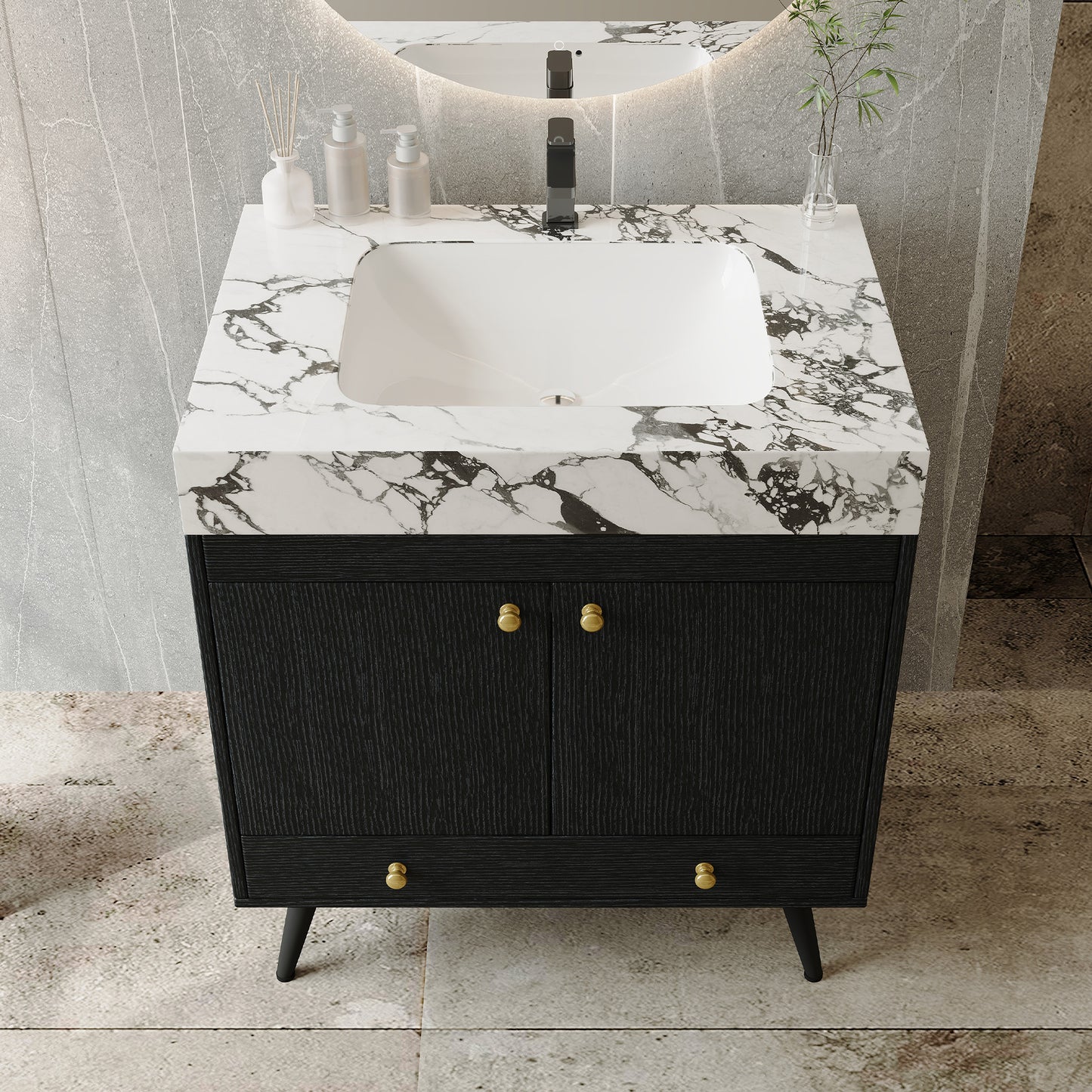 Contemporary Free-standing Bathroom Vanity with Faux Marble Top - 30" Double Door Storage Cabinet