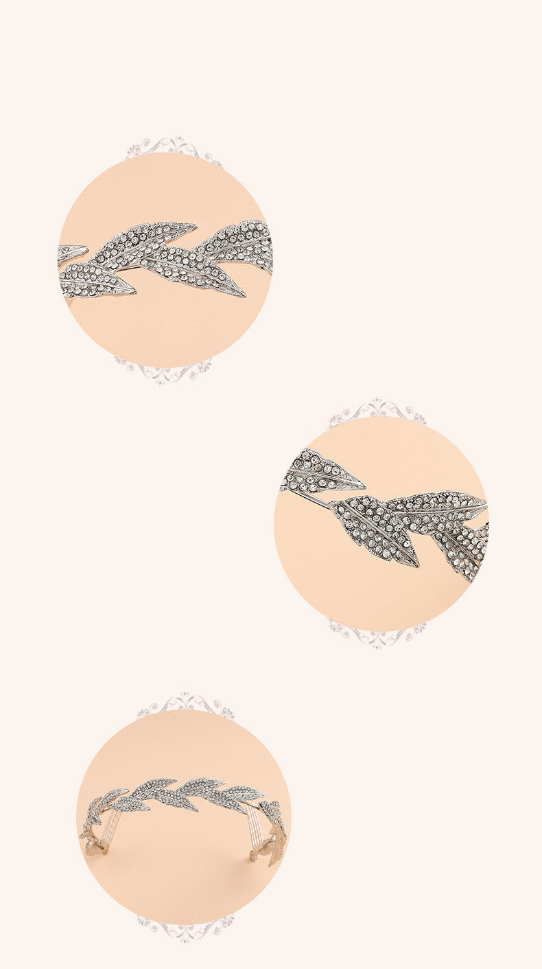 Leaf Crown Hairband with White Crystal - Silver