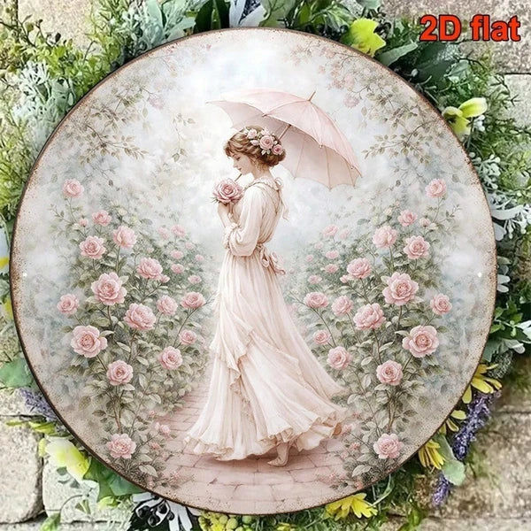 Victorian Lady & Roses Round Wall Plaque - Vintage Metal Sign