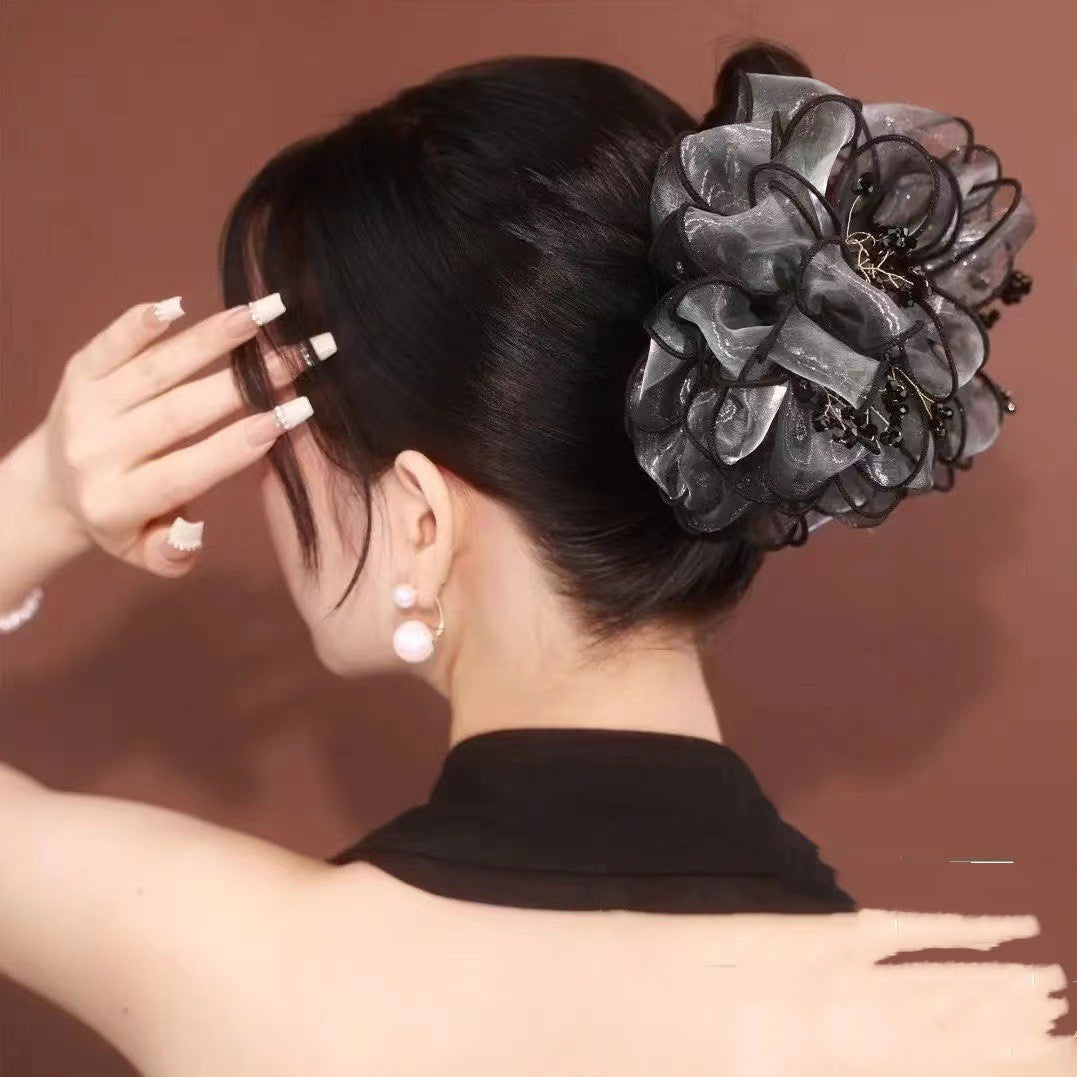 Fluffy Fabric Hair Grip - Gray Flower Bud