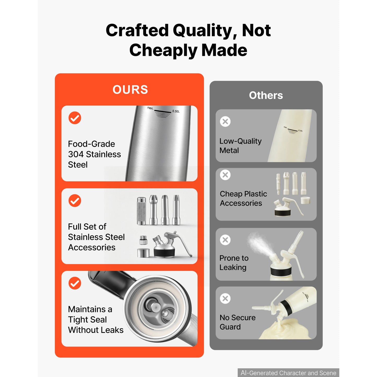 304 Stainless Steel Whipped Cream Dispenser 500ml with Nozzles & Brush
