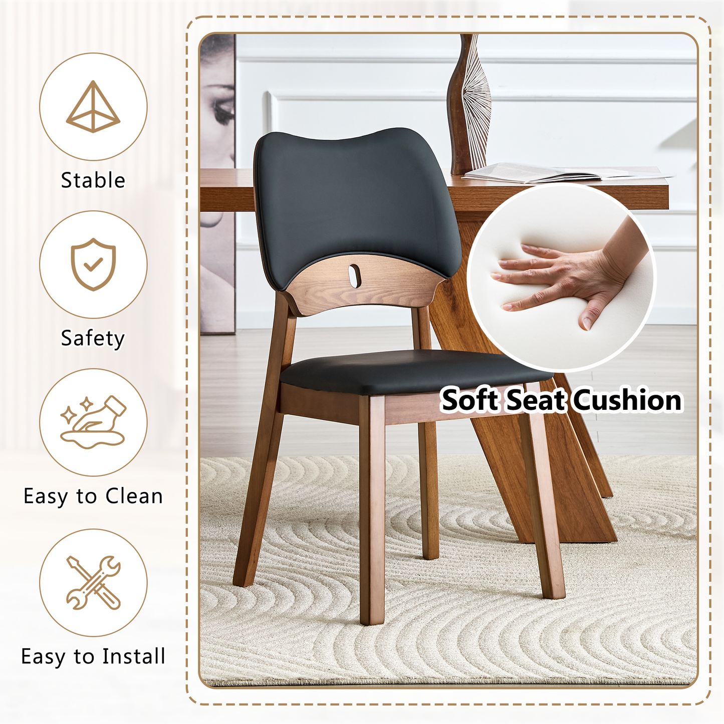 2 Walnut Colored Solid Wood Dining Chairs, With Black PU Soft