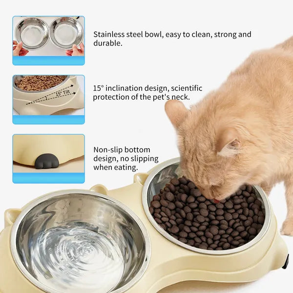 Double Cat & Dog Food Water Bowl Set with Non-Slip Base - Stainless Steel, Easy to Clean