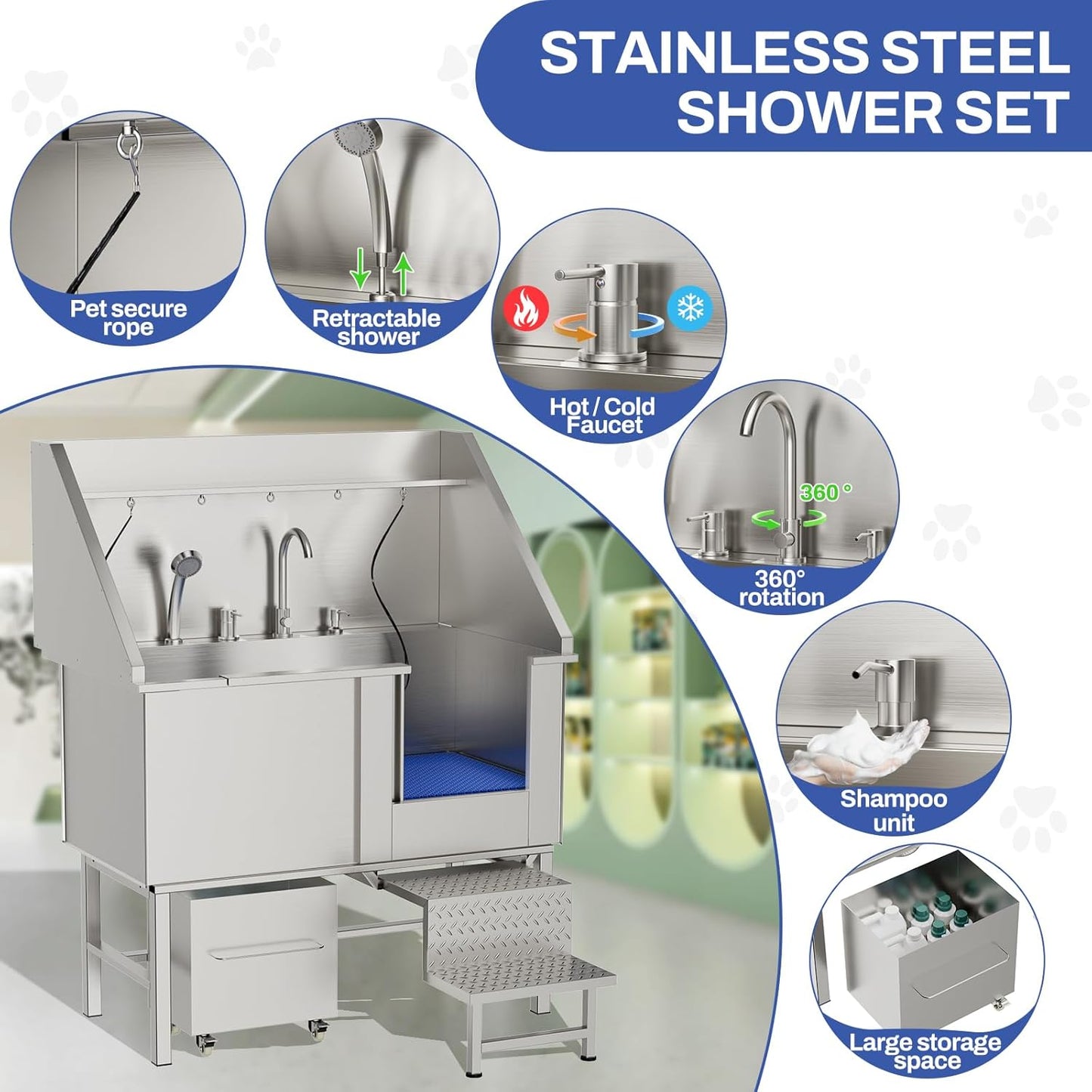 50-Inch Stainless Steel Dog Washing Station with Ramps