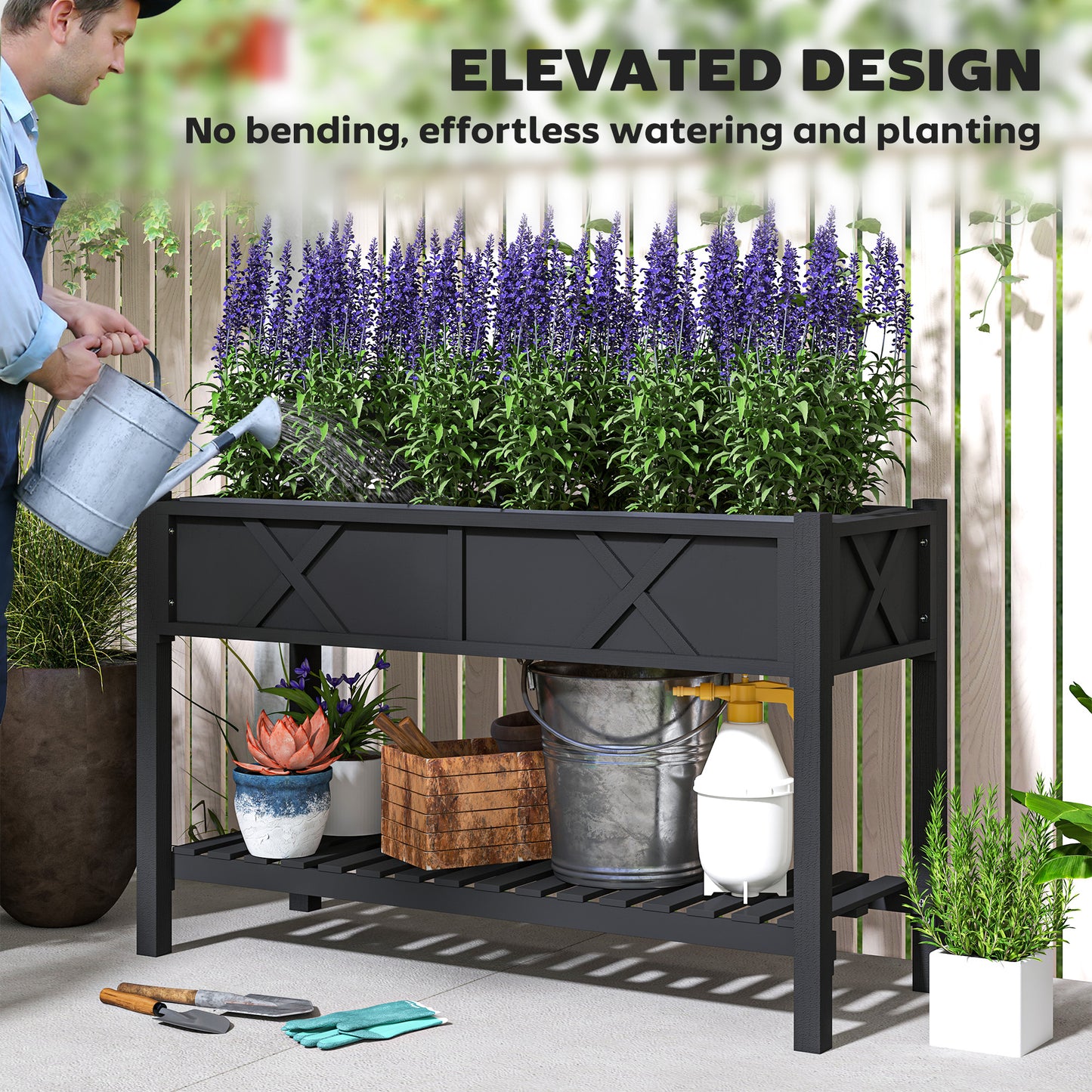 Raised Garden Bed with Storage Shelf and Drainage Holes - Black Wooden Planter Box