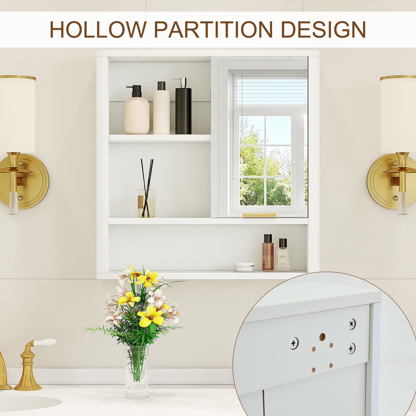 Wall Mounted Modern Bathroom Mirror Cabinet with Gold Accent
