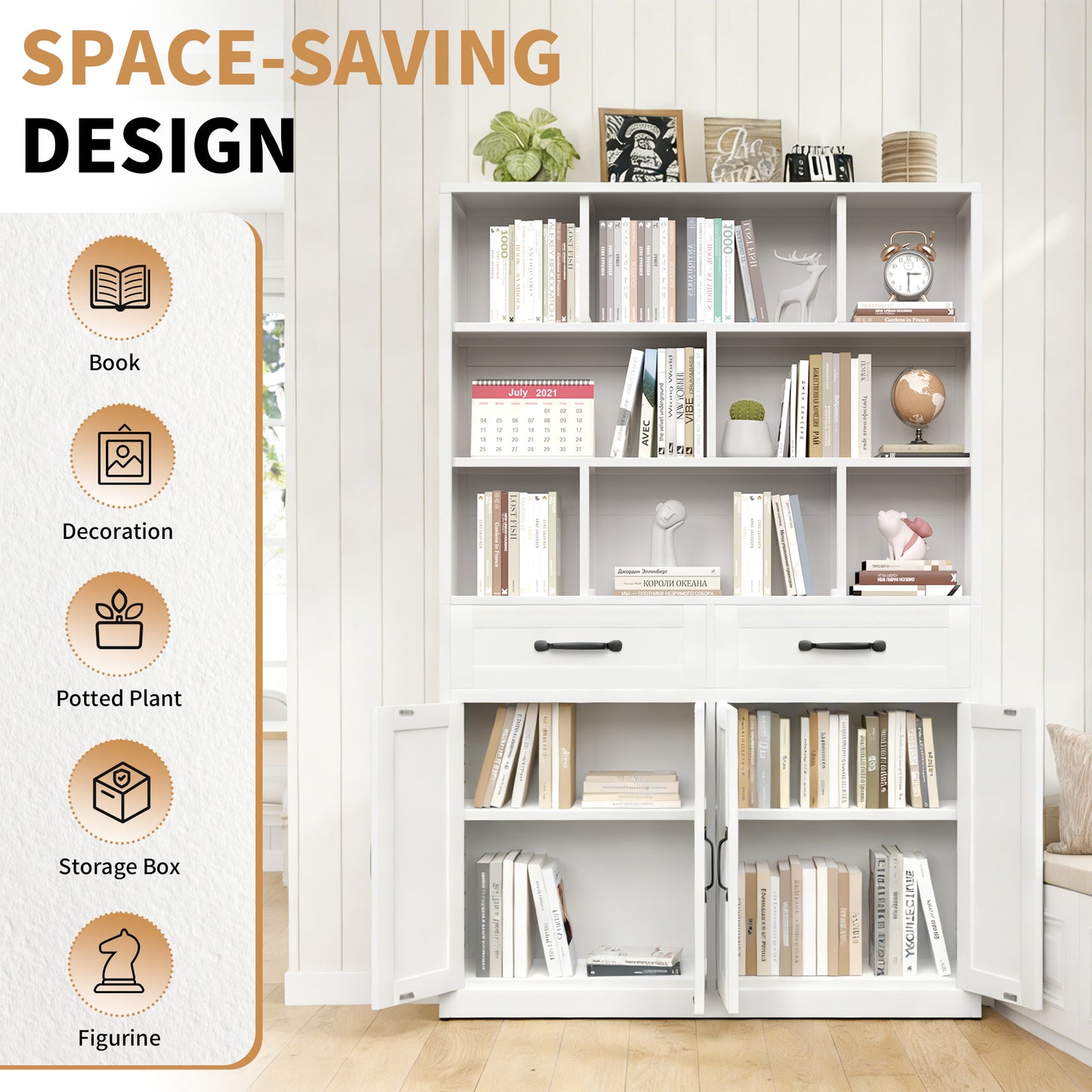 71 H Metal Bookcase With 2 Doors & Drawers, Tall Storage Cabinet
