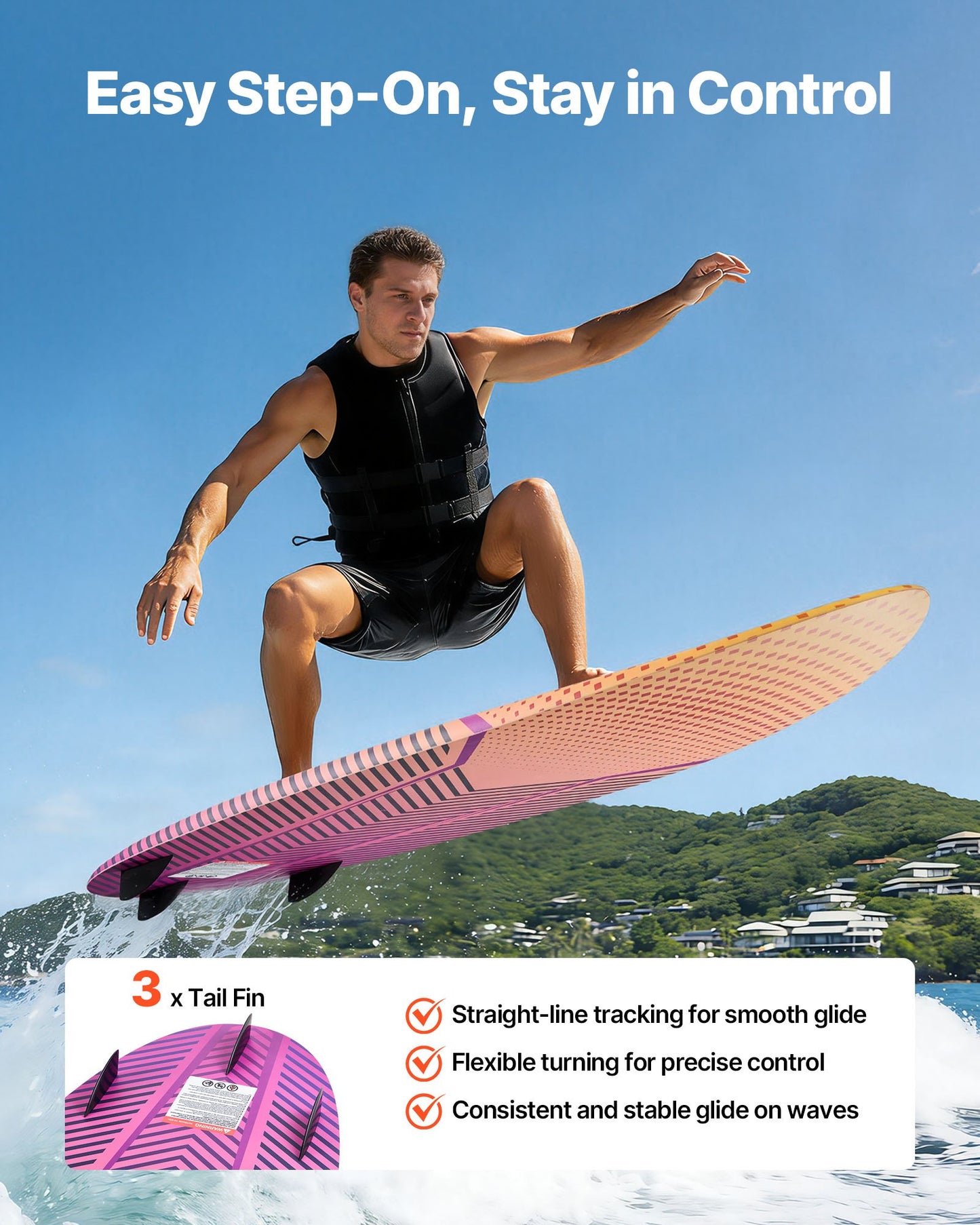 63-Inch Wakesurf Board with EPS Foam Core Non-Slip Pad & Fins - Black