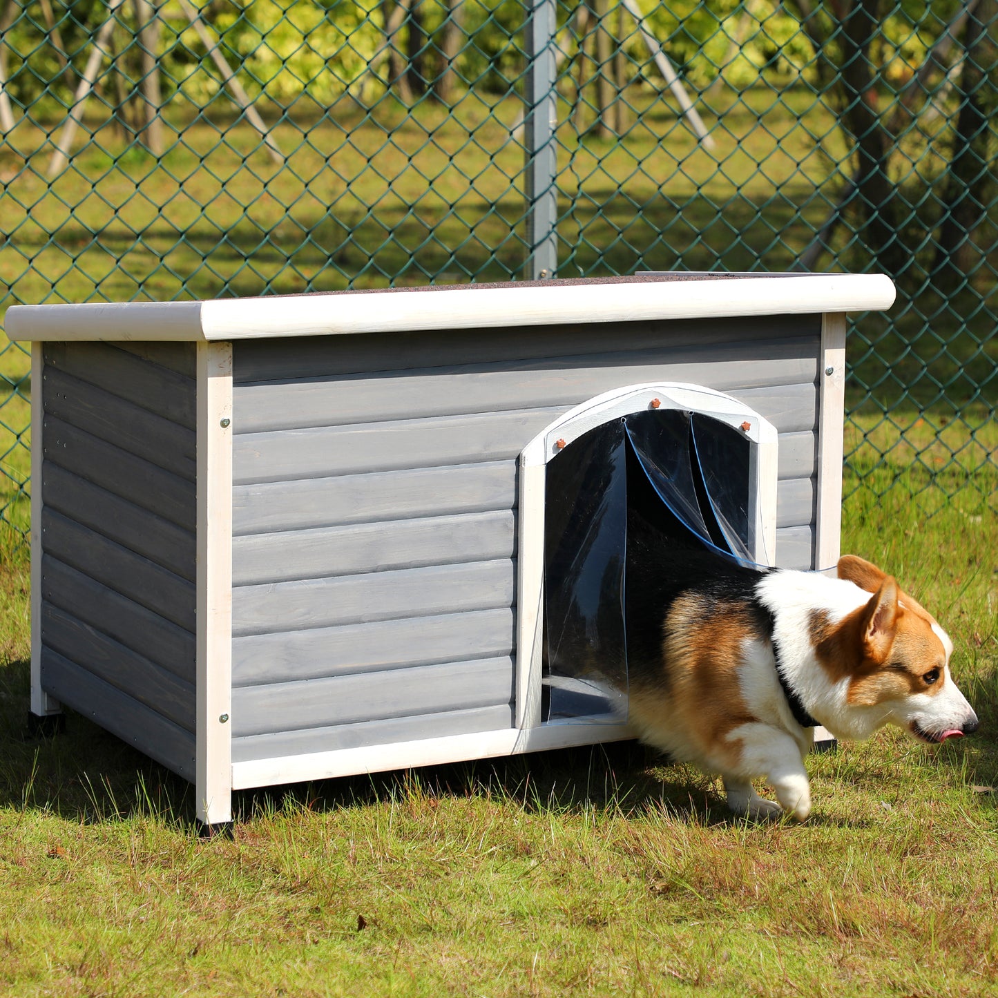 Outdoor Dog House with Waterproof Roof & Elevated Floor - Medium, Grey