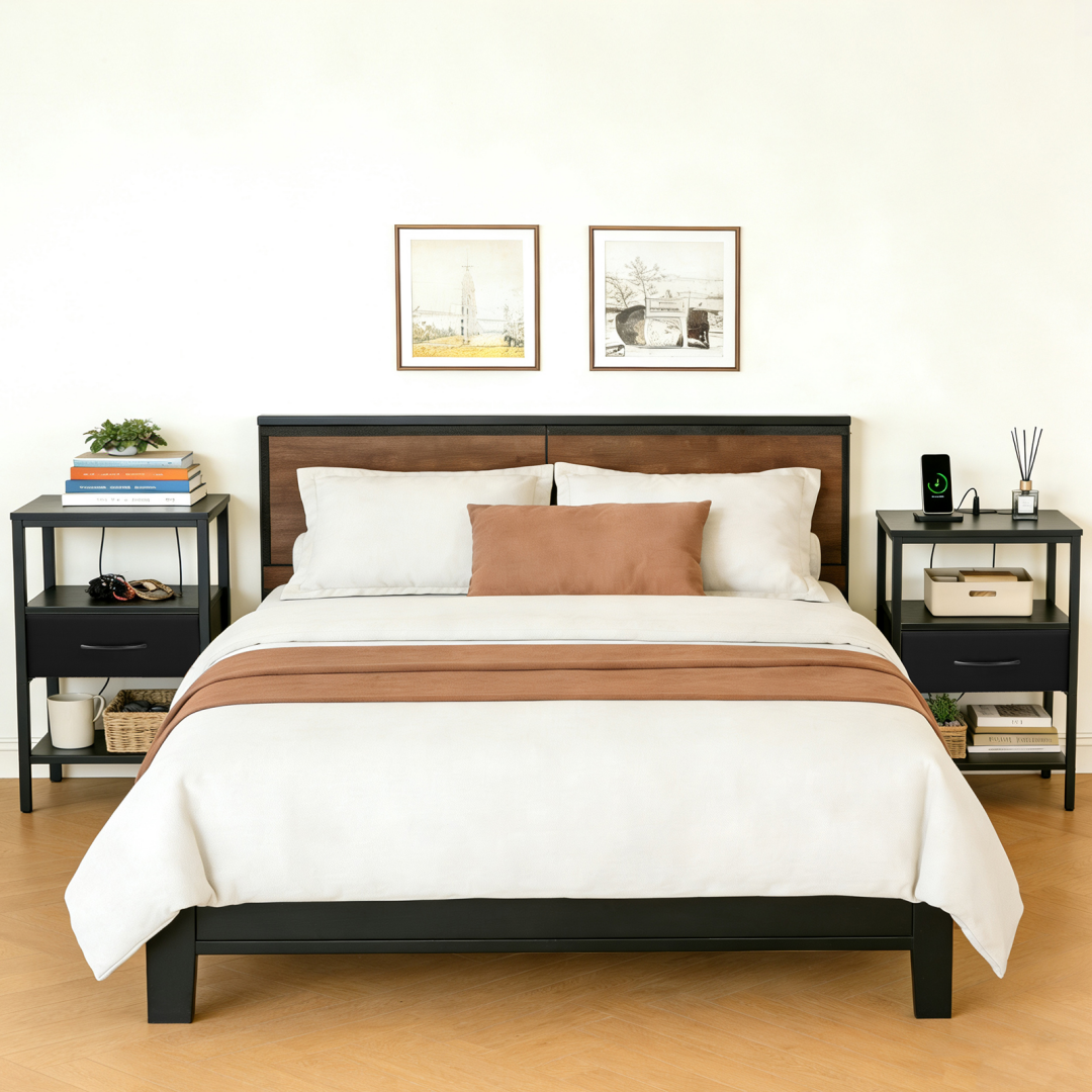 Black Bedside Table with USB-C Port and Adjustable Drawers