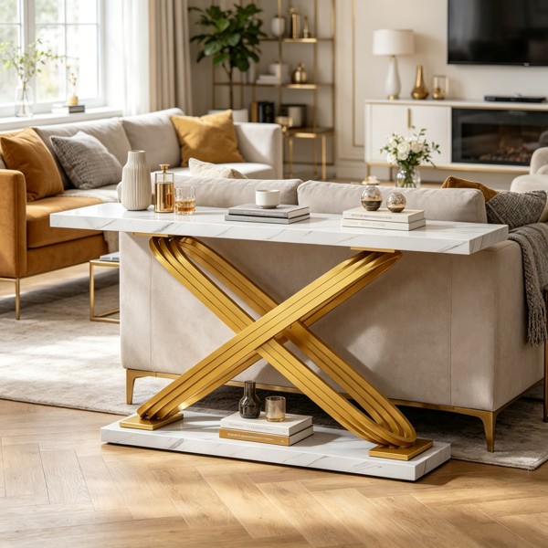 Luxury Console Table with White Faux Marble Top & Gold Metal Frame