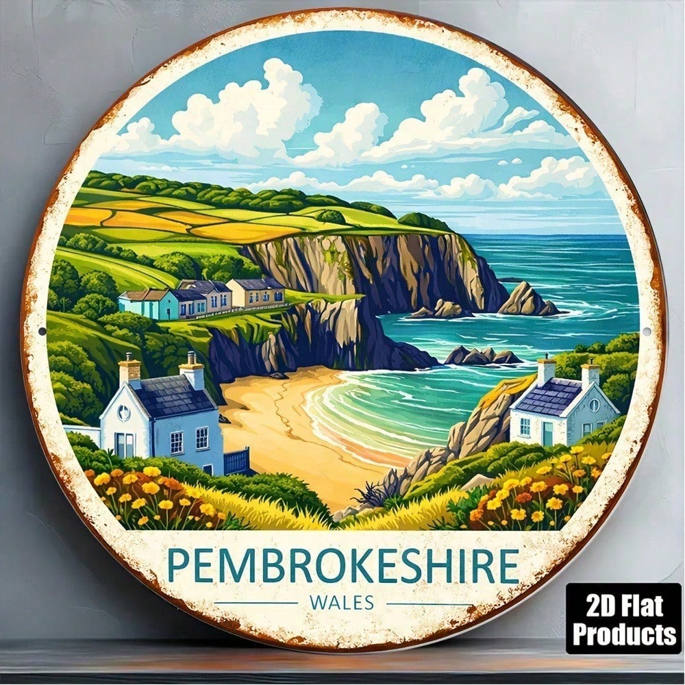 Vintage Cottage Landmark Round Wall Sign - Pembrokeshire Wales