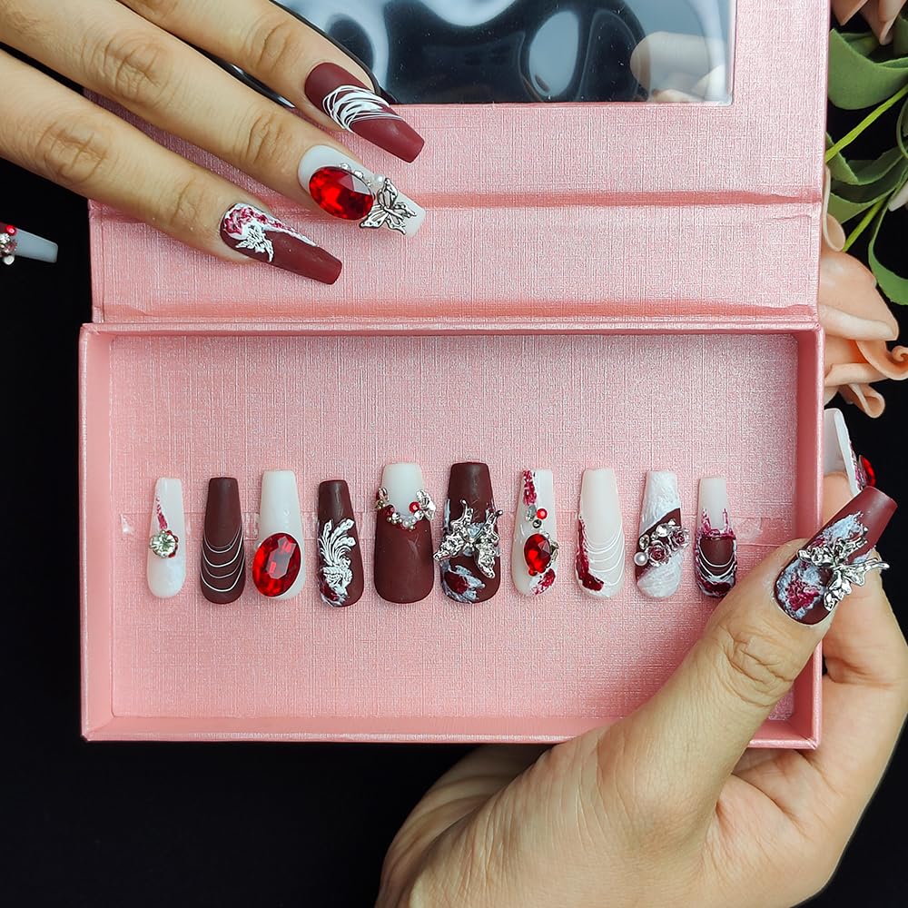 Shiny Crystal Long Press-On Nails - Suede Scarlet - Size M