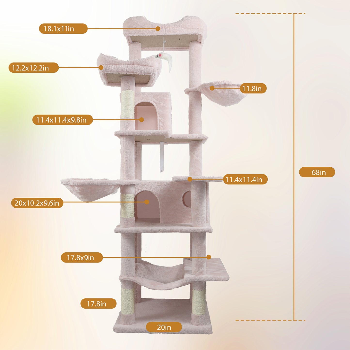 Pink Multi-Level Cat Tree with Hammocks, Scratching Posts & Hideaways - 68in Tall