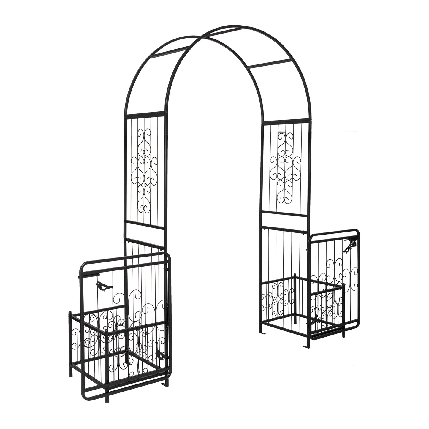 Garden Arbor Arch with Gate and Planter Box - Black Iron Support for Climbing Plants