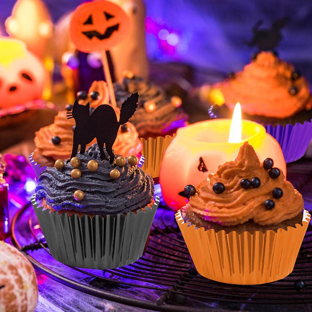 300 Pcs Halloween Foil Cupcake Liners - Black, Purple, Orange