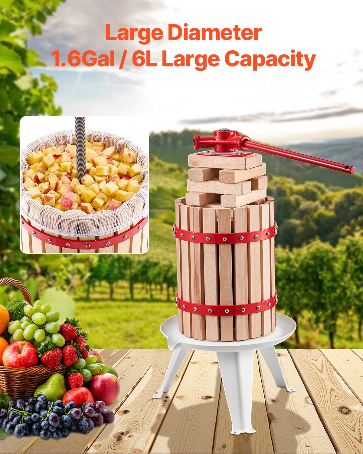 Manual Fruit Wine Press - 1.6 Gallon Beechwood Basket
