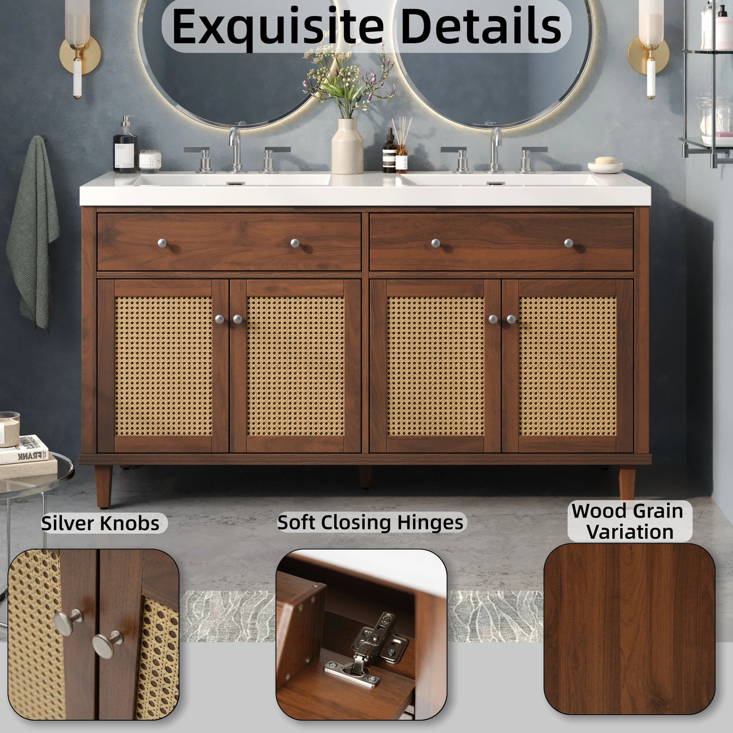 60 Inch Double Sink Bathroom Vanity with Large Storage - Brown
