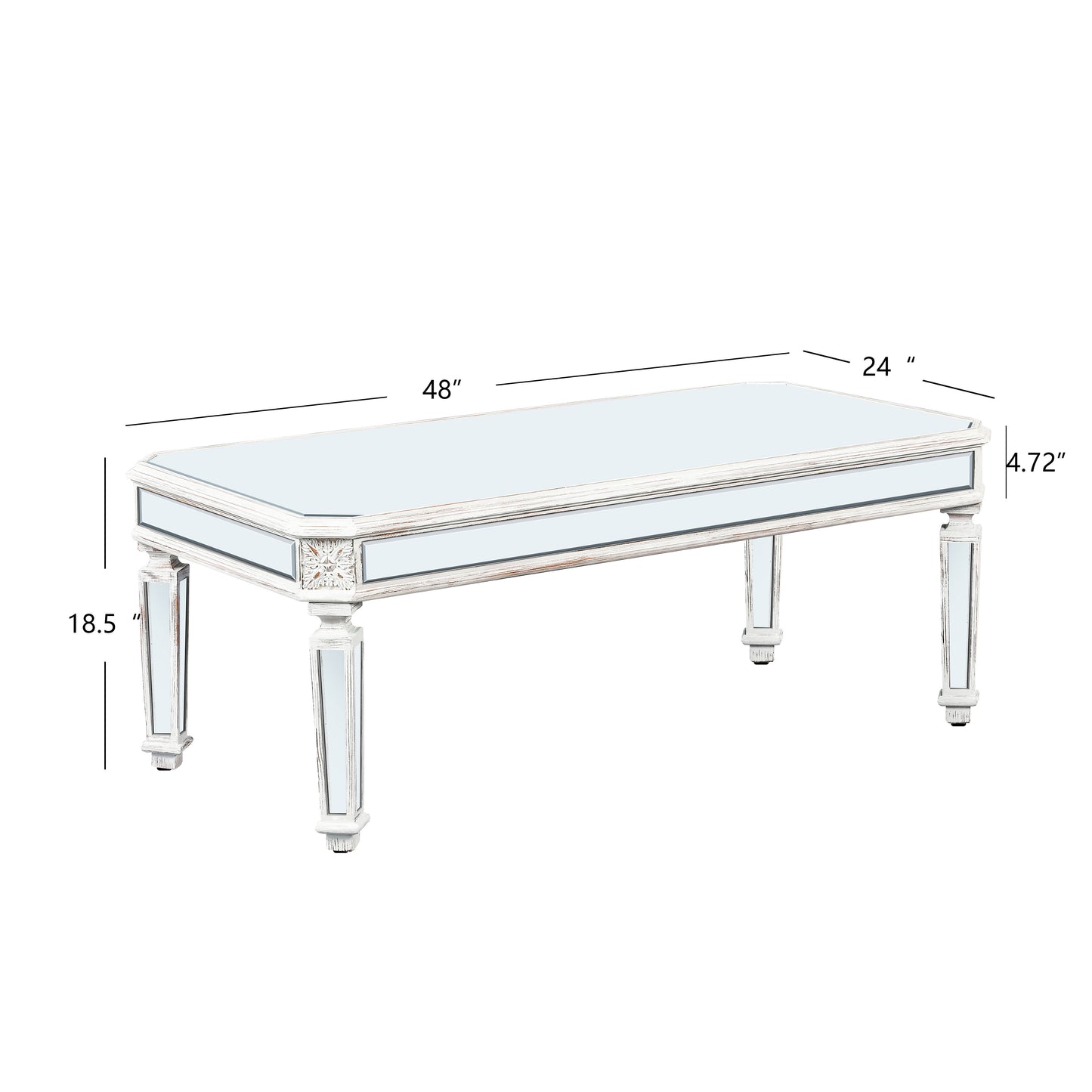 Silver Mirrored Coffee Table with Vintage Carved Elements - 48" W