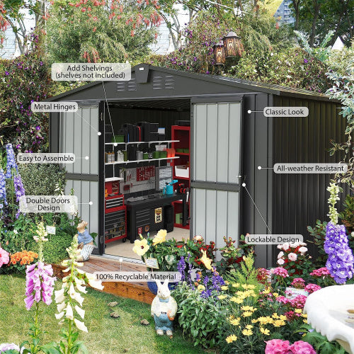 10x8 ft Metal Garden Storage Shed with Lockable Doors - Rustproof Outdoor Cabinet