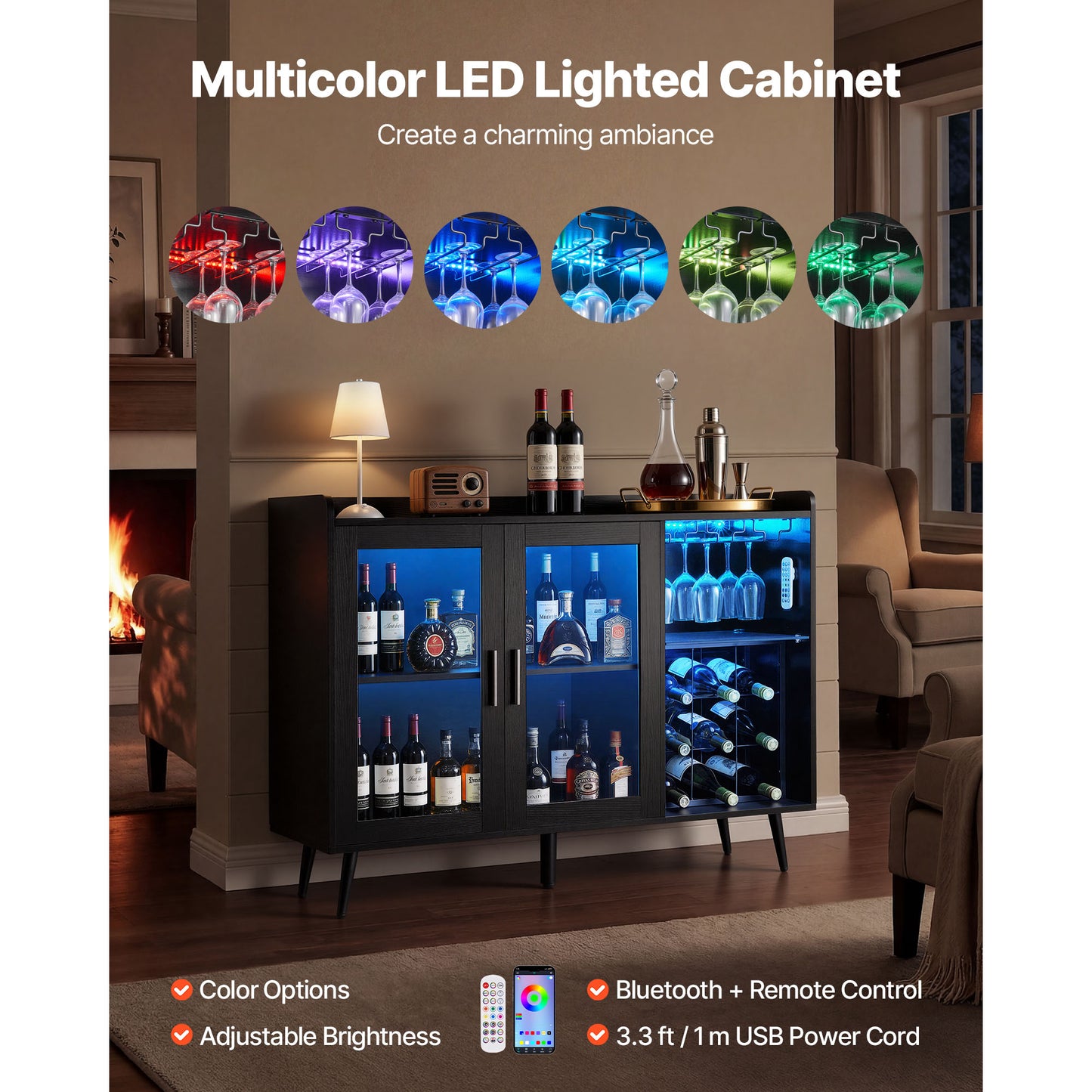 Wine Cabinet with 9 Bottle Racks & Glass Holder - Modern Buffet Sideboard, Black Wood Grain