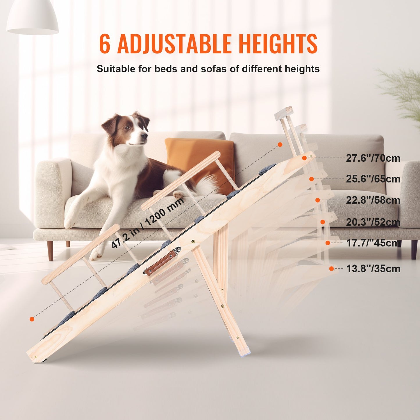Adjustable Wooden Dog Ramp for Bed Couch Car - Non-Slip Pet Steps