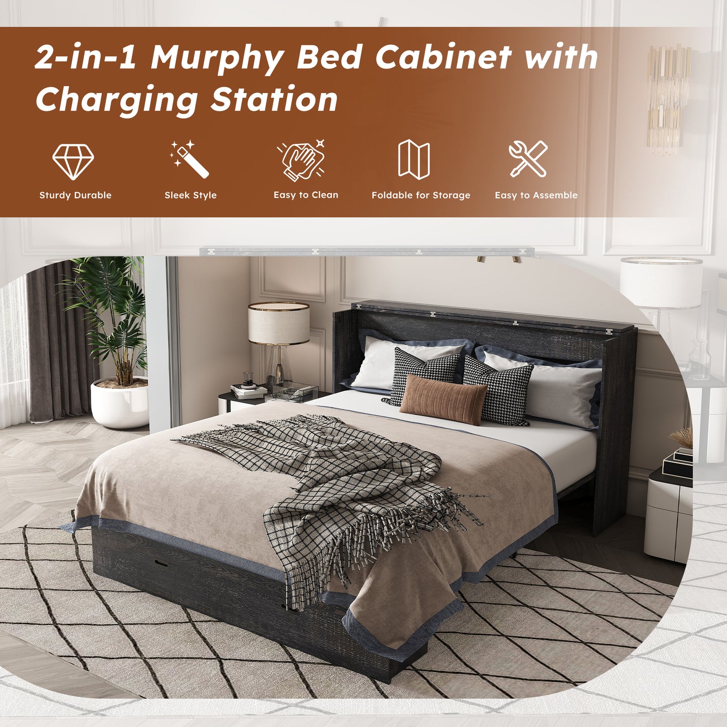57-Inch Murphy Bed with Storage Drawers & Charging Cabinet - Black
