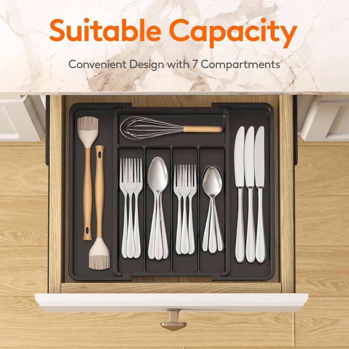 Expandable Plastic Silverware Organizer - 7 Compartment Utensil Tray