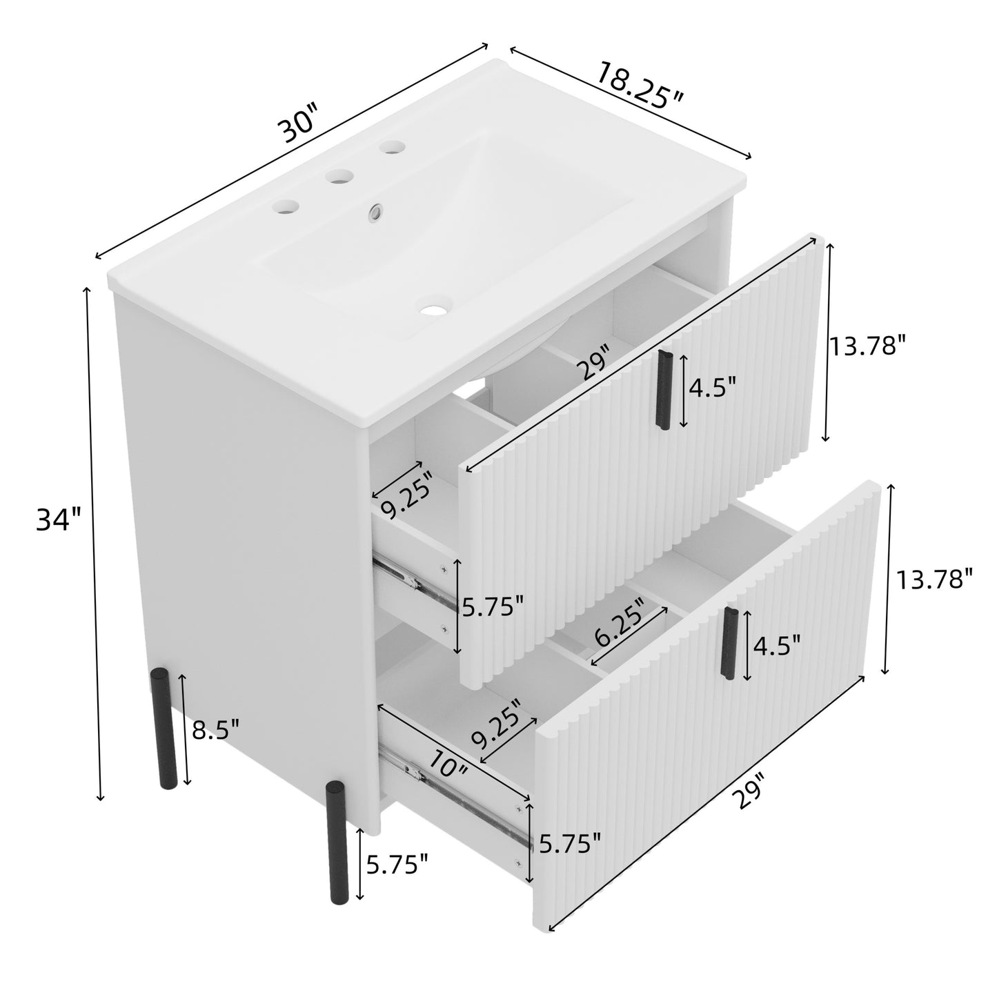30" White Bathroom Vanity with Ceramic Sink & Full-Extension Drawers